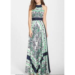 Eliza J Green & Navy Blue Scarf Print Maxi Dress Women 4